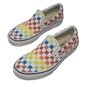 Vans Classic Slip On Sneaker Shoe Rainbow Checker Board Print Women's 8 White